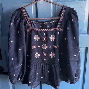 Madewell Navy Embroidered Square-Neck Peplum Blouse